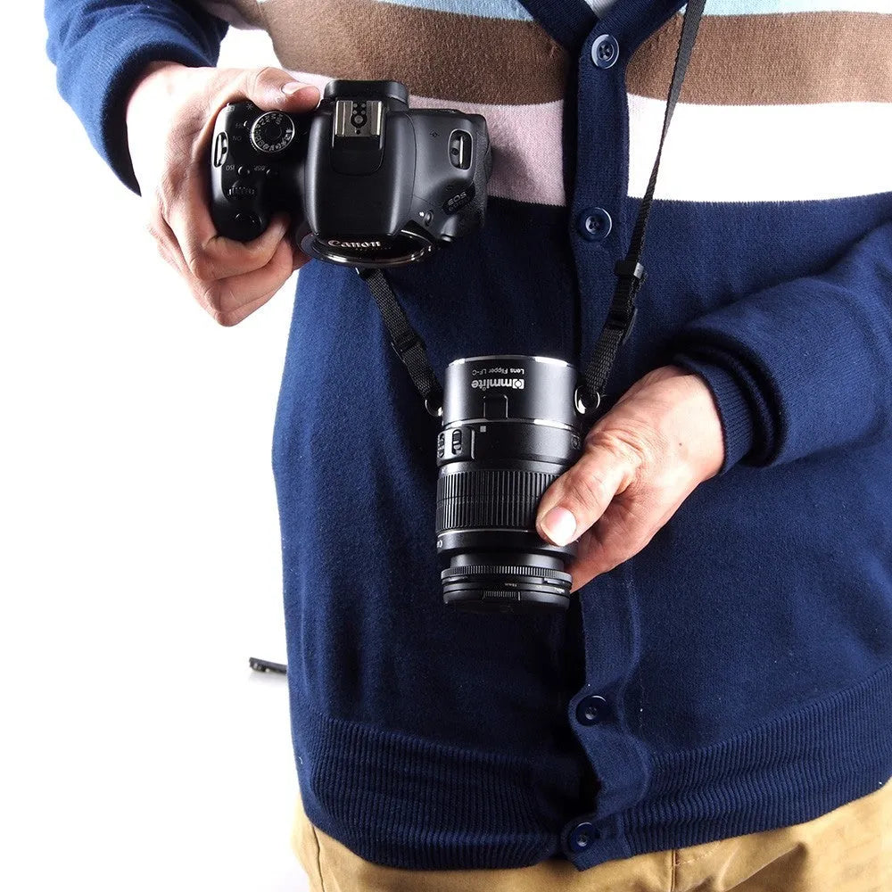 Camera lens flipper dual holder with stainless steel buckle on aluminium body and cotton shoulder strap