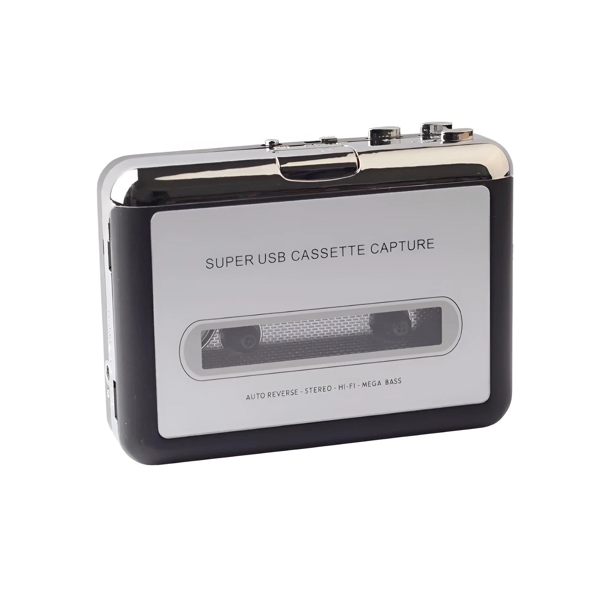 Black USB cassette to MP3 converter device with 80cm cable and headphones for digitising tapes to computer