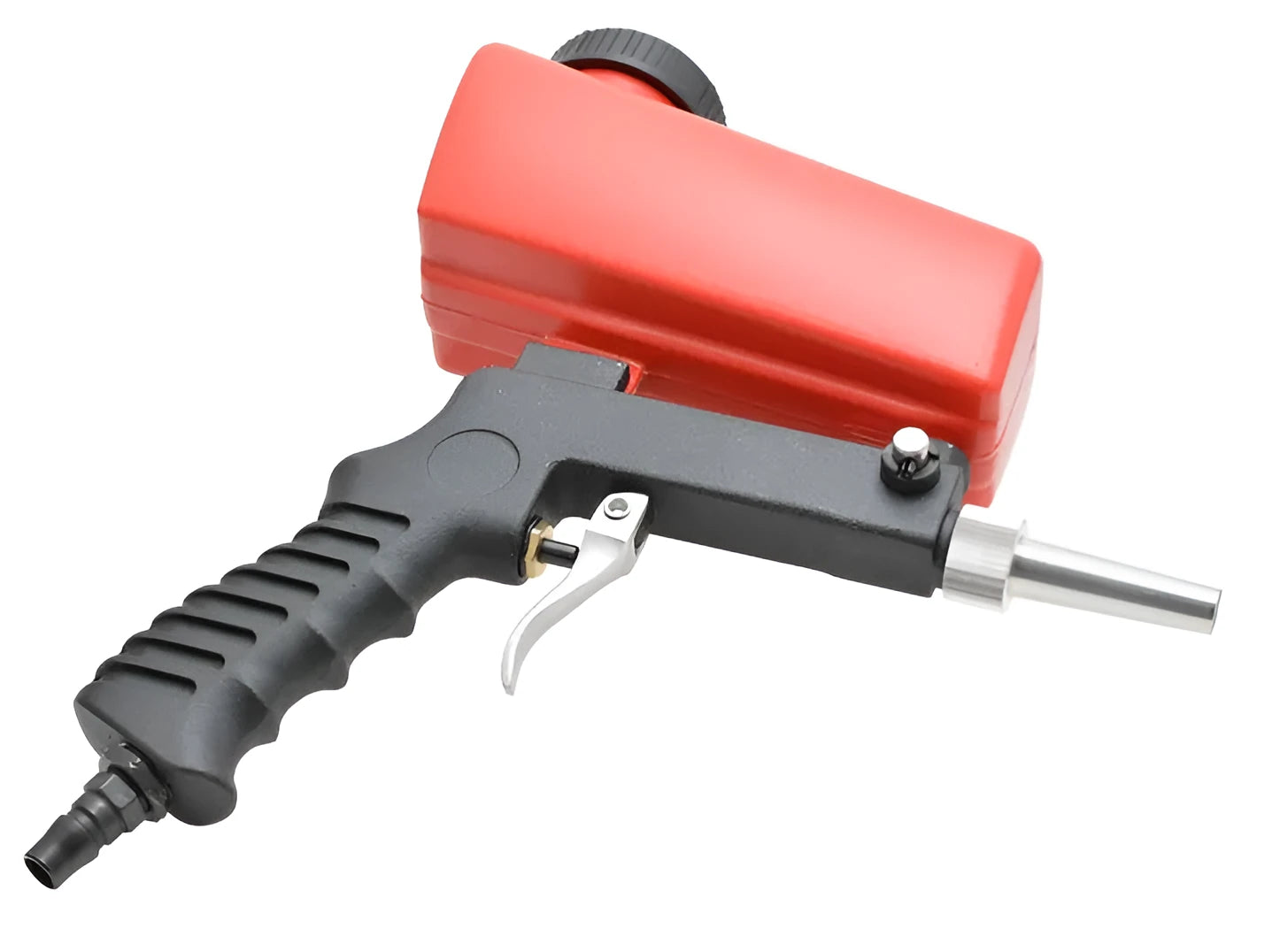 Portable black or blue gravity feed pneumatic sandblasting gun with upper pot tank.