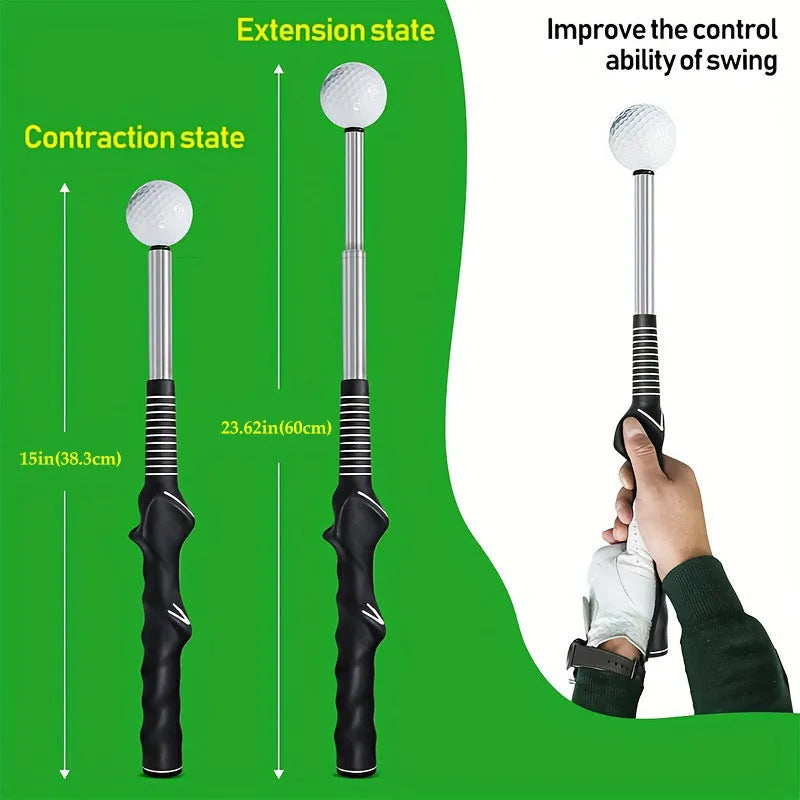 Stainless steel telescopic golf swing trainer simulator in black, blue, or red.