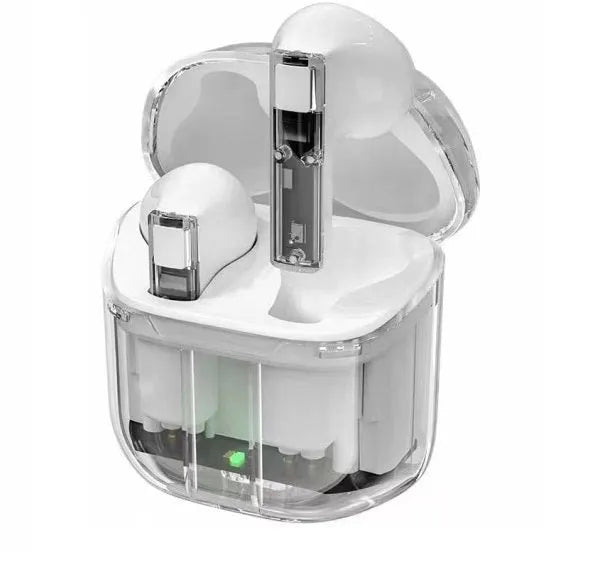 Transparent space capsule true wireless Bluetooth headset with digital display and plastic case in various colours