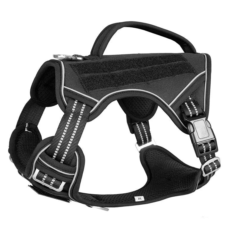 Tactical dog chest strap in oxford cloth, shown in olive green colour on a working dog.