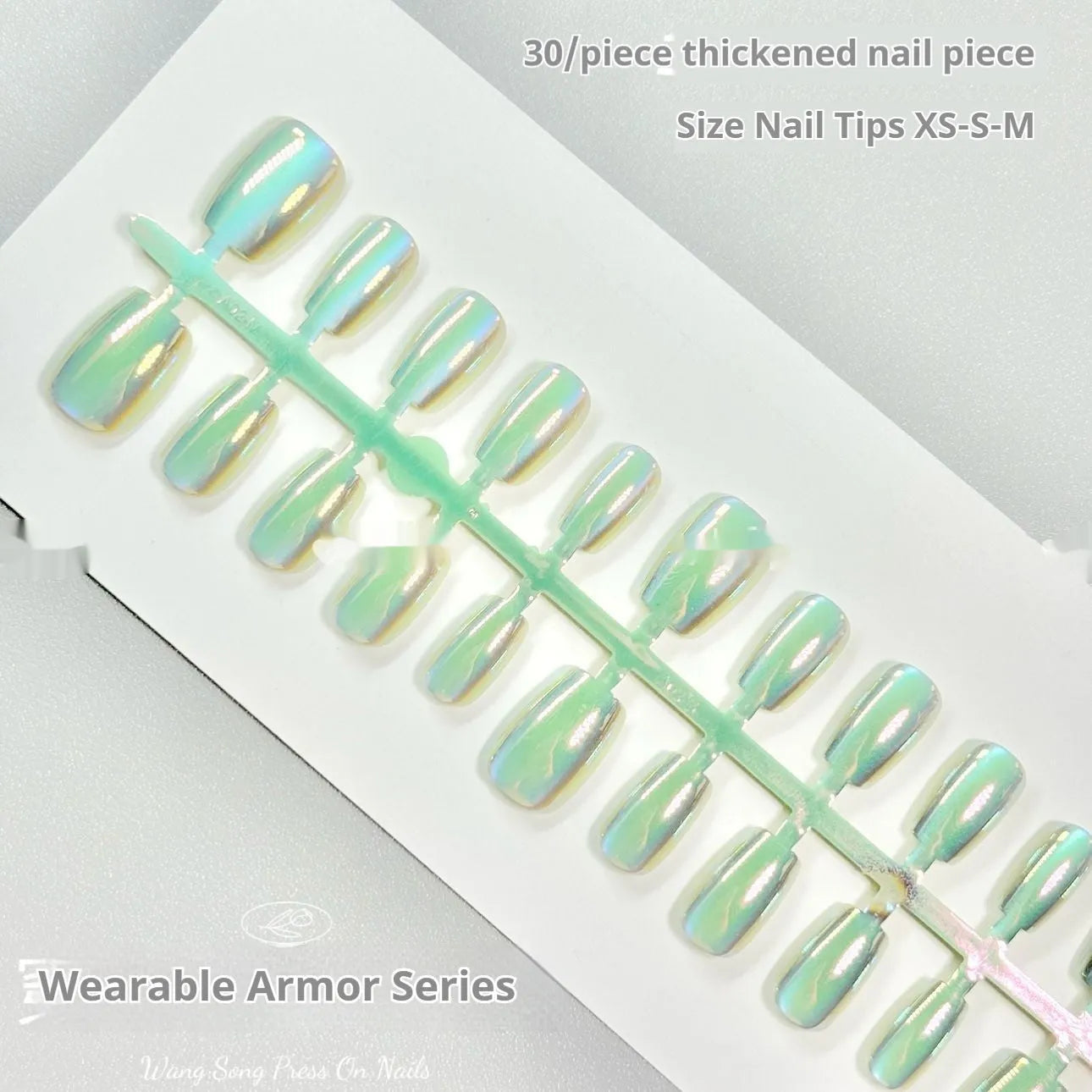 Electroplated Cat's Eye false nail set showing aurora armour and solid colour styles in short ladder sizes.