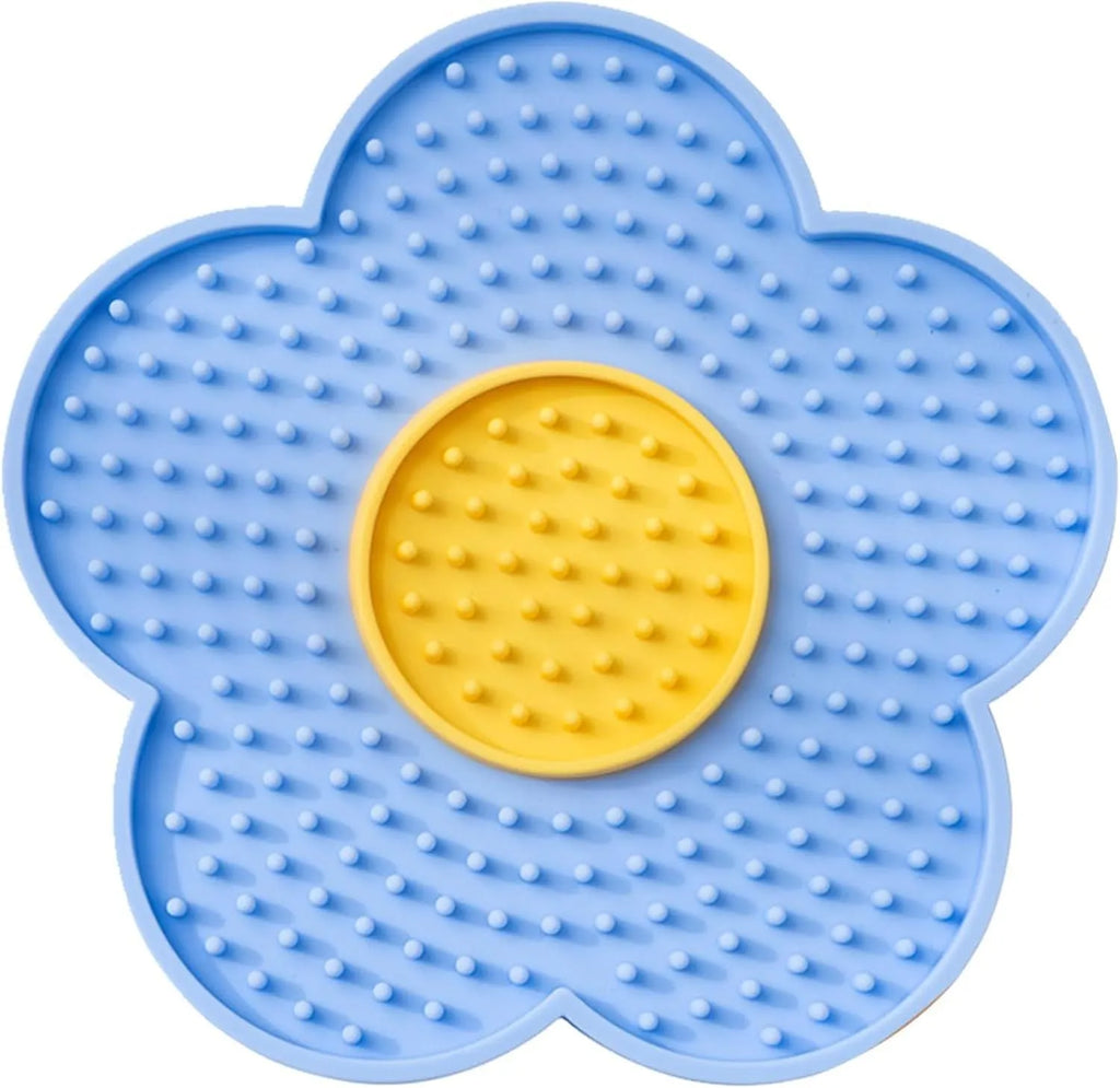 Flower-shaped silicone pet lick mat with suction cups in a choice of colours.