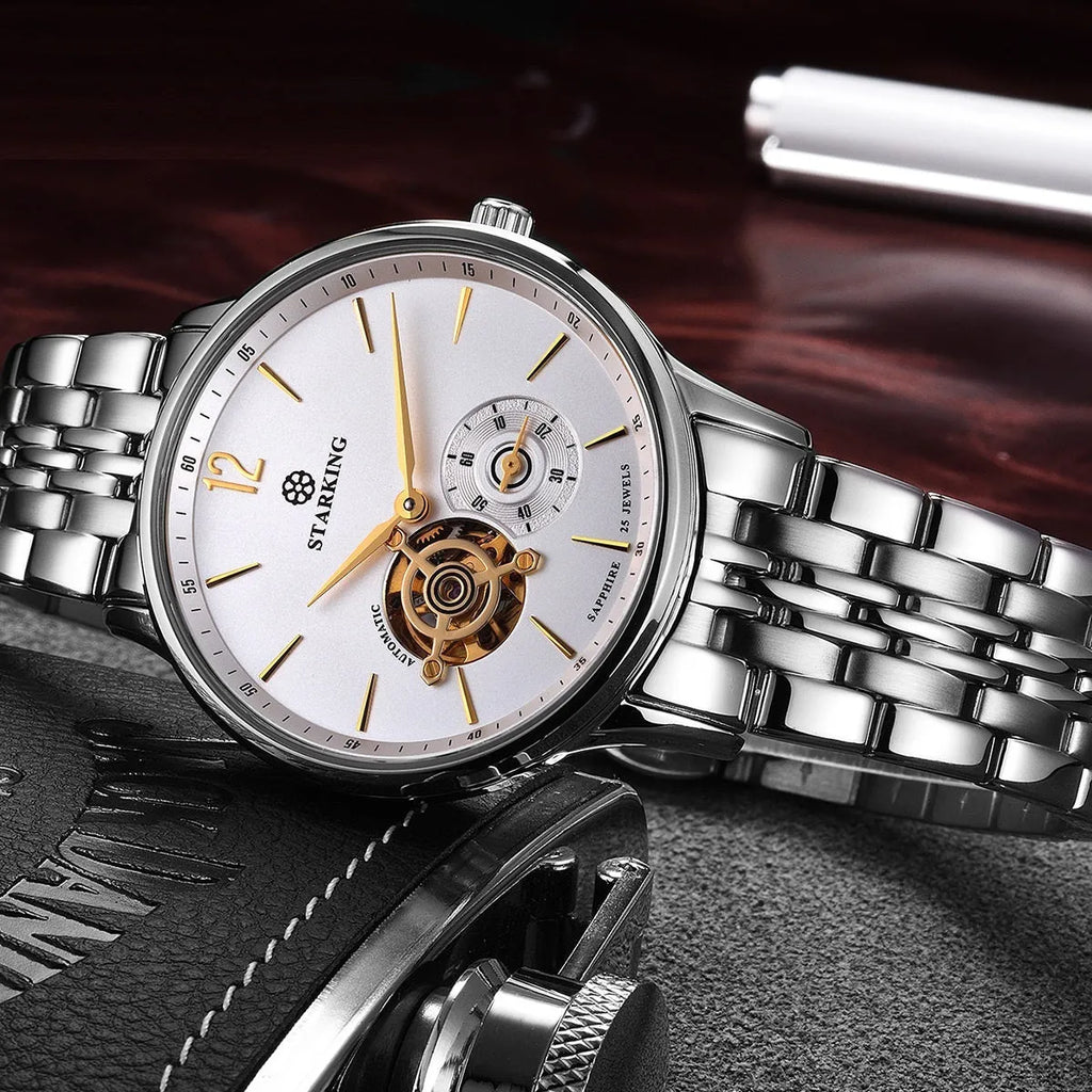 Automatic mechanical men's watch with circular dial, stainless steel case and genuine leather strap