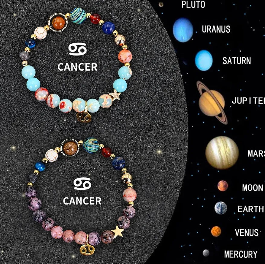 Set of twelve beaded bracelets with natural stone beads and sterling silver zodiac charms on a dark background.