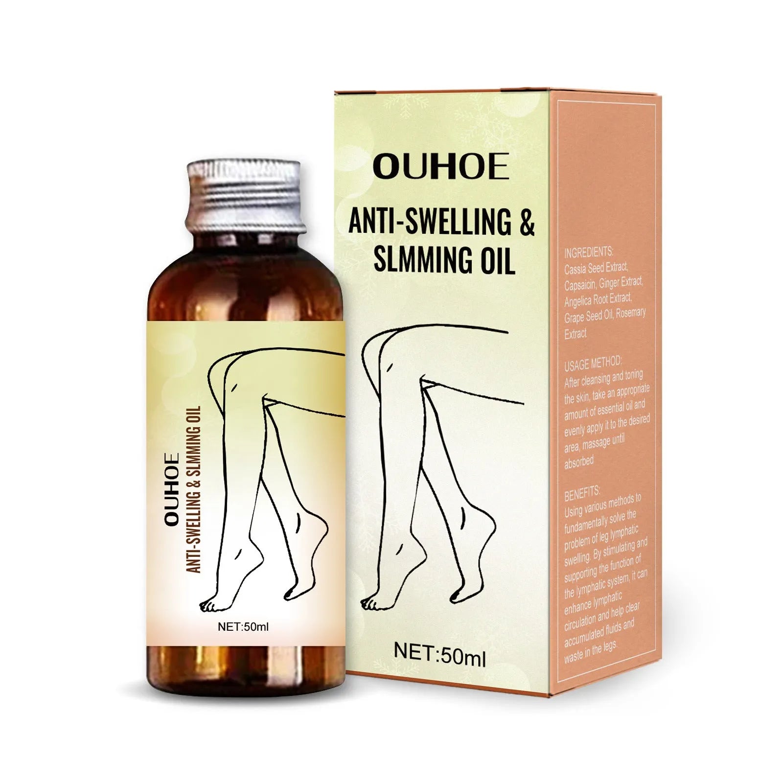 50ml bottle of cassia seed and capsaicin body massage essential oil for leg care