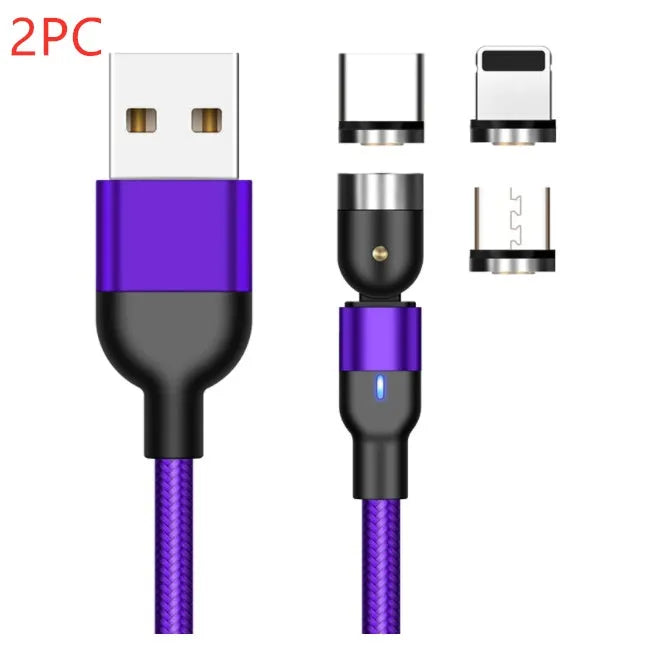 Essager rotating magnetic USB charging cable with LED light in black, shown with Android and Type-C magnetic tips.