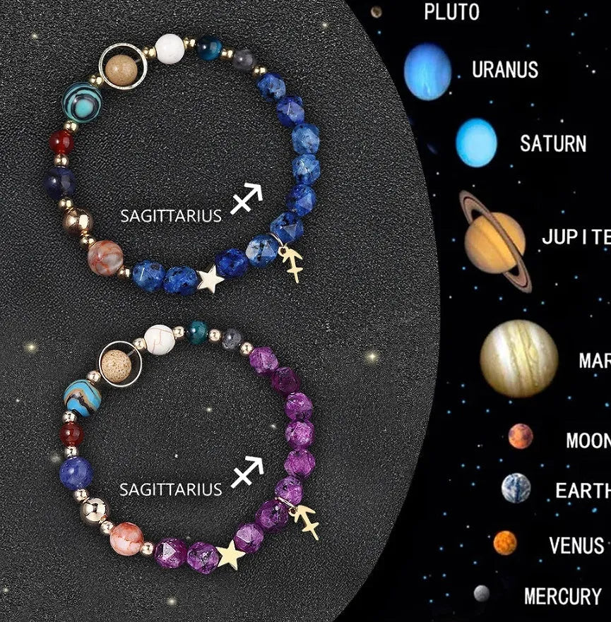 Set of twelve natural stone beaded bracelets showing different zodiac sign designs on elastic cords