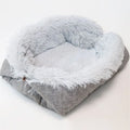 Grey and white plush pet blanket nest with non-slip black bottom for cats and dogs.