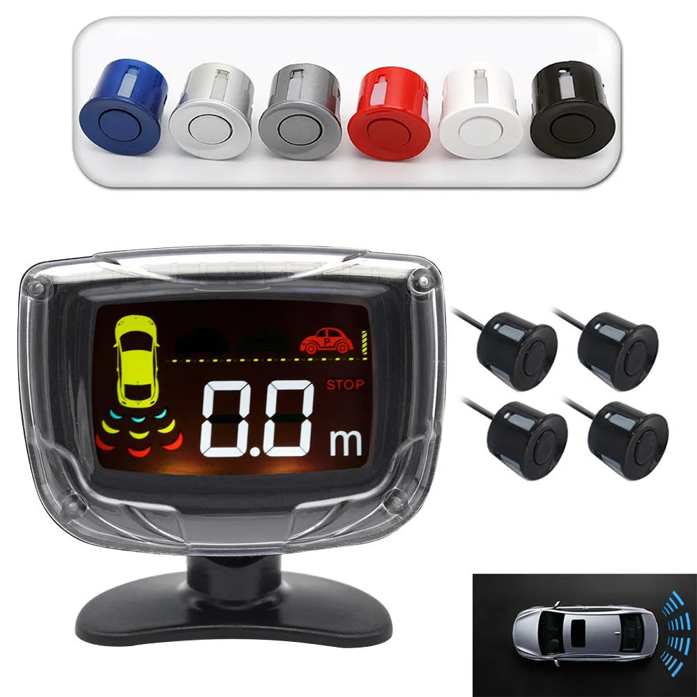 Intelligent wireless reversing sensor system with digital display, LED light bar, and four vehicle probes.