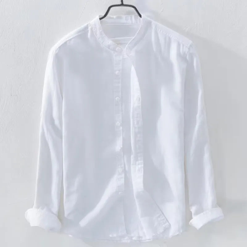 Men's loose fit linen cotton casual shirt in solid colours with long sleeves