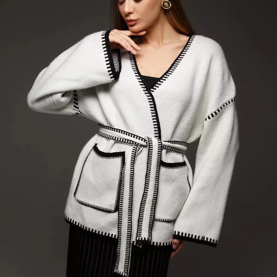 Lace-up front knitted cardigan in imitation cashmere cotton blend fabric in camel colour