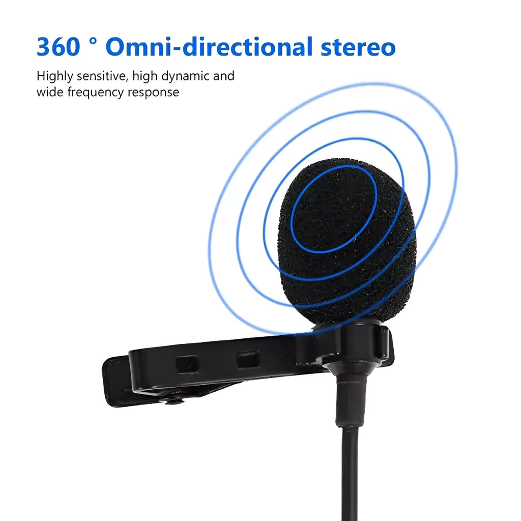 Black wired lavalier clip microphone with 3.5mm plug and 1.5m cable for iPhone recording.