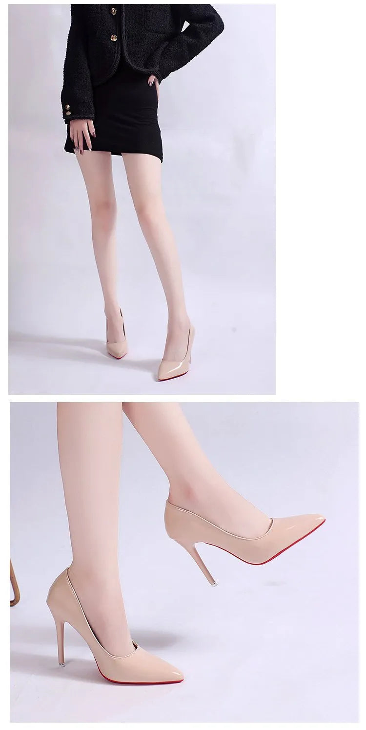 Women's pointed toe stiletto heel pumps in solid colours with shallow mouth opening