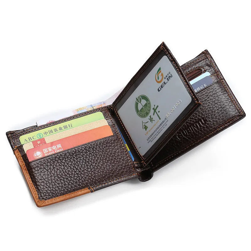 Soft cowhide leather wallet with contrast stitching, open to show card slots, bill holder, and a zipper coin compartment.