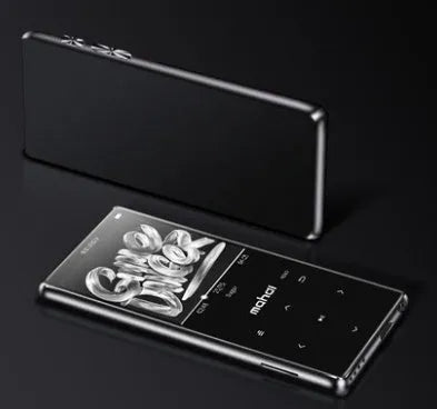 Silver portable MP3 MP4 music player with 2.4-inch touch screen showing music interface.