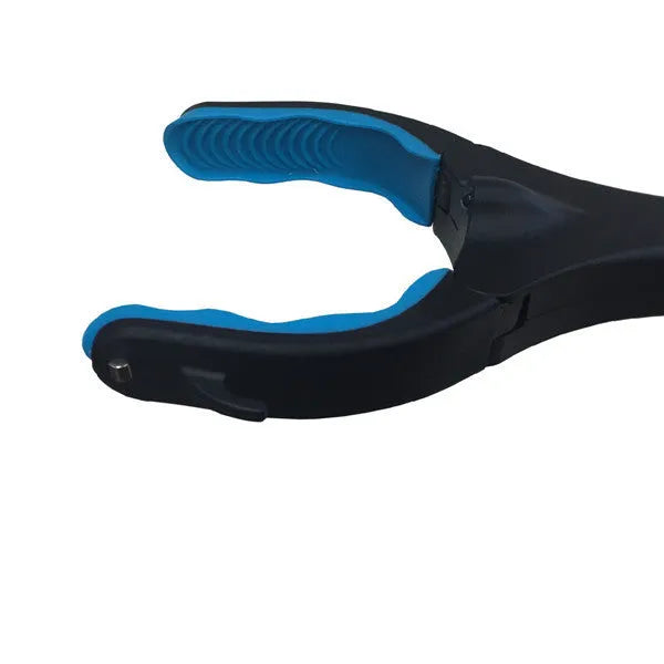 Blue foldable golf ball retriever with extended aluminium shaft and TPR grabber head.