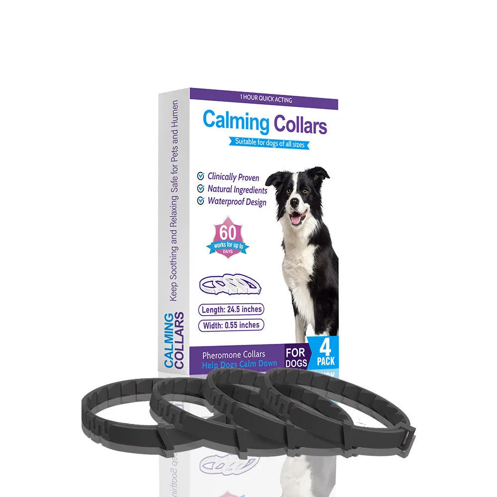 Four dog anxiety relief collars in different colours with Chinese monochrome pattern