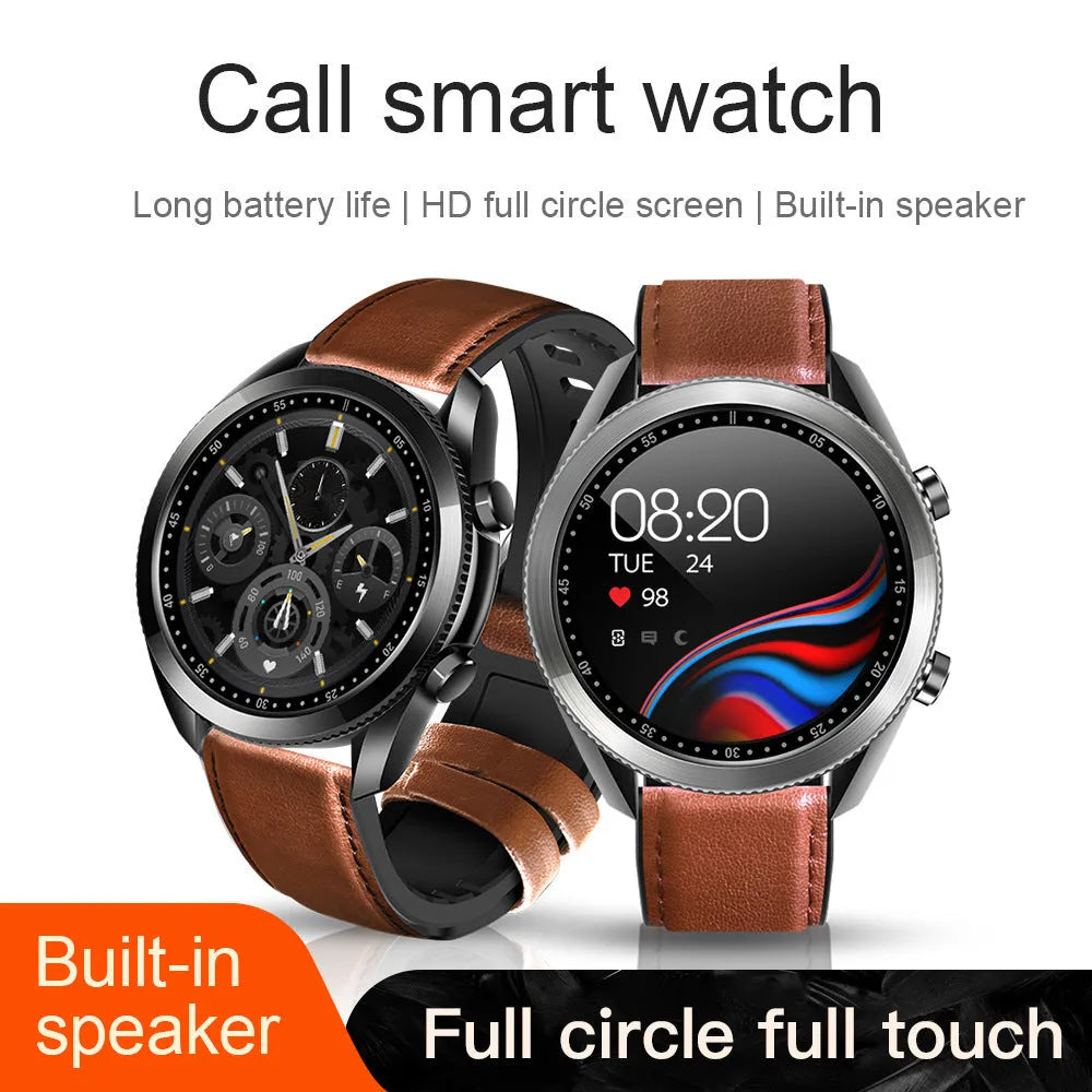 UM90 black smartwatch with large square screen and leather strap displaying heart rate data.