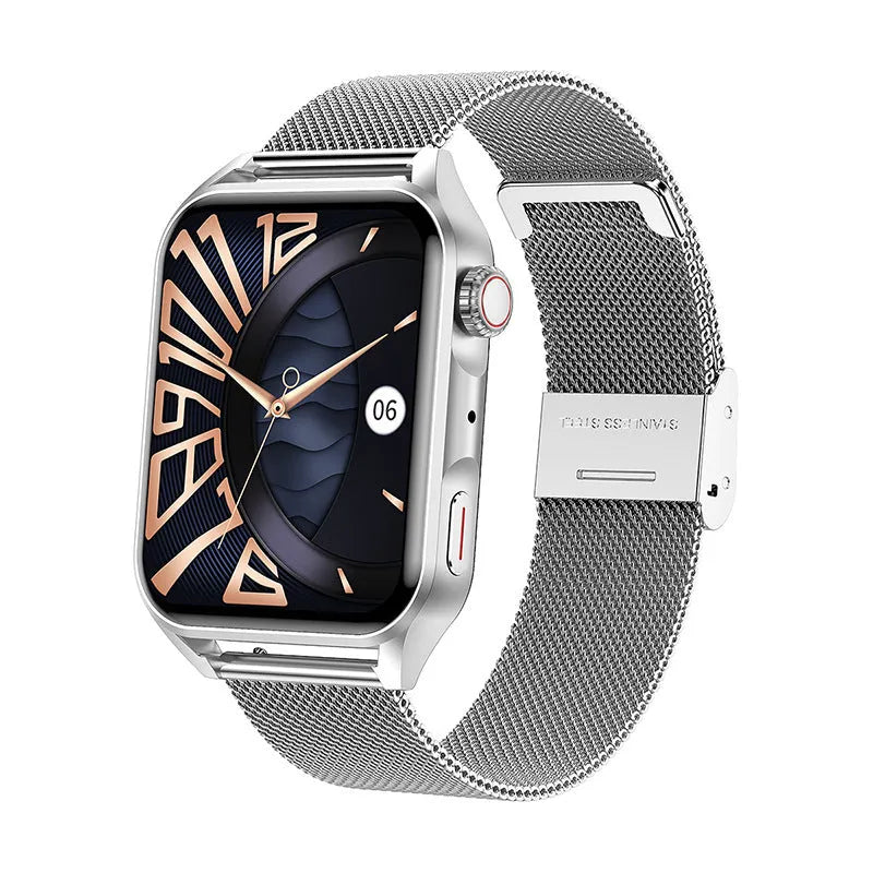 Silver grey smart watch with AMOLED screen and black silicone wrist strap on a wrist.