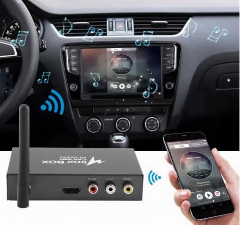 Black car mirror link box Wi-Fi converter with power cable, AV cable, antenna and manual