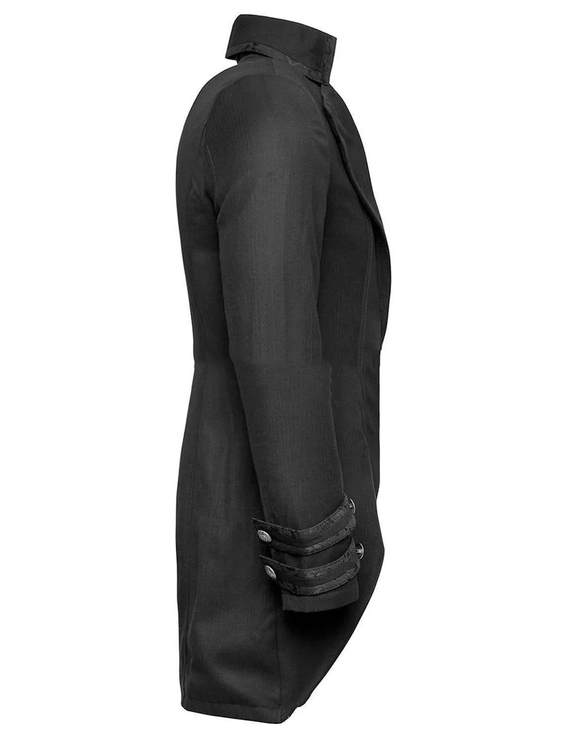 Black Victorian-style morning gown cosplay jacket for men on a hanger.