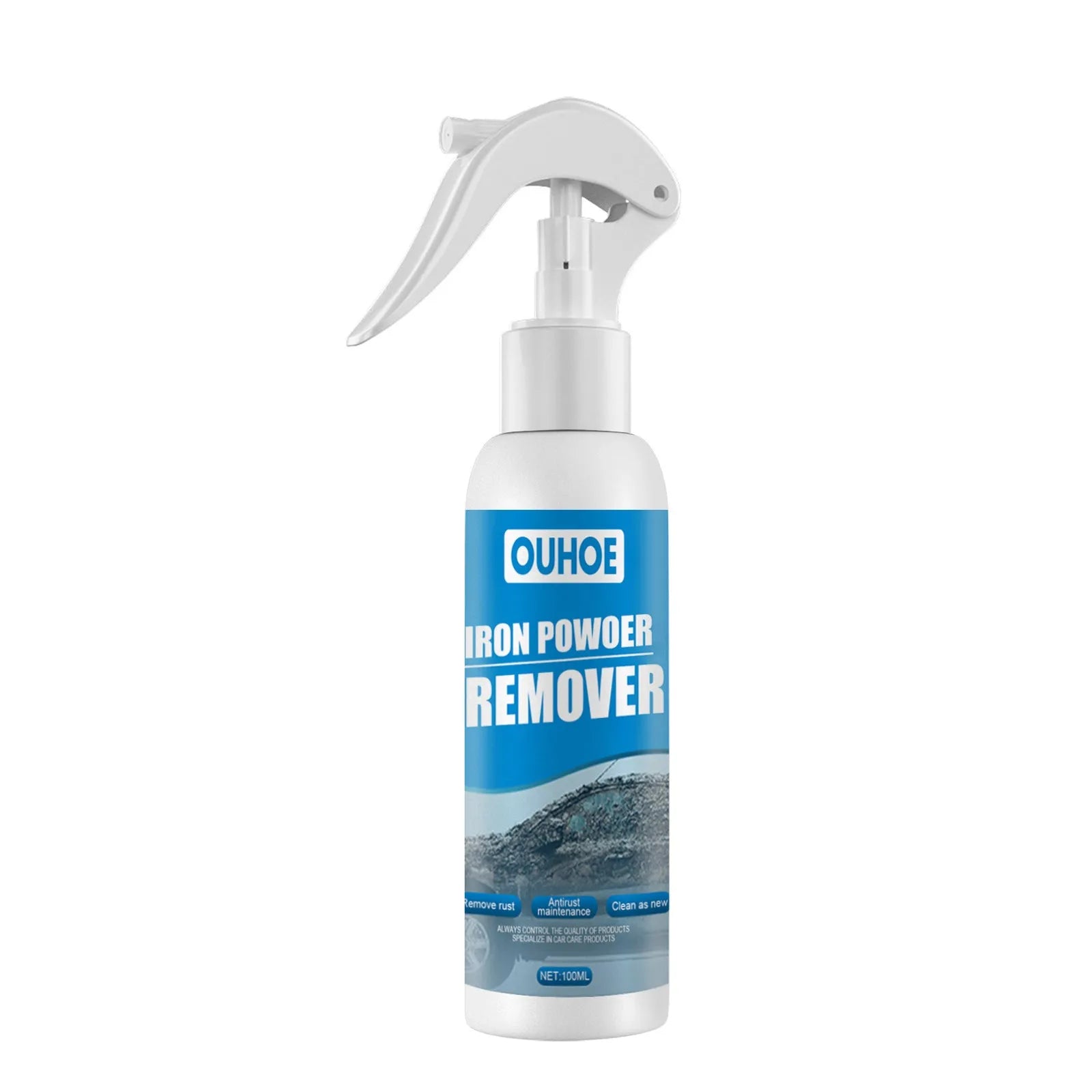 Car rust remover spray bottle with blue square sponge and towel applicators for automotive surface treatment