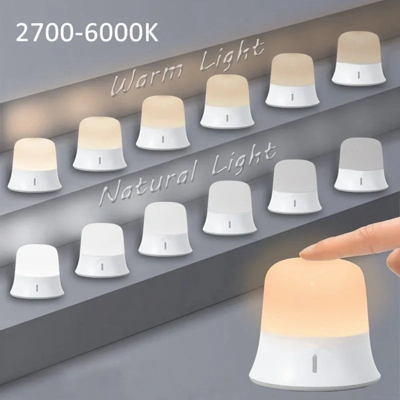 White bedside night light with touch controls, motion sensor, and compact 93mm x 110mm design