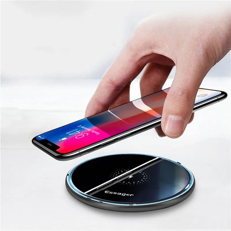 Black or white aluminium alloy Qi wireless charging pad with LED light, 10.1 cm by 7 cm