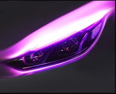 Flexible silicone car LED daytime running light strip with flowing turn signal animation, shown in multiple colours.