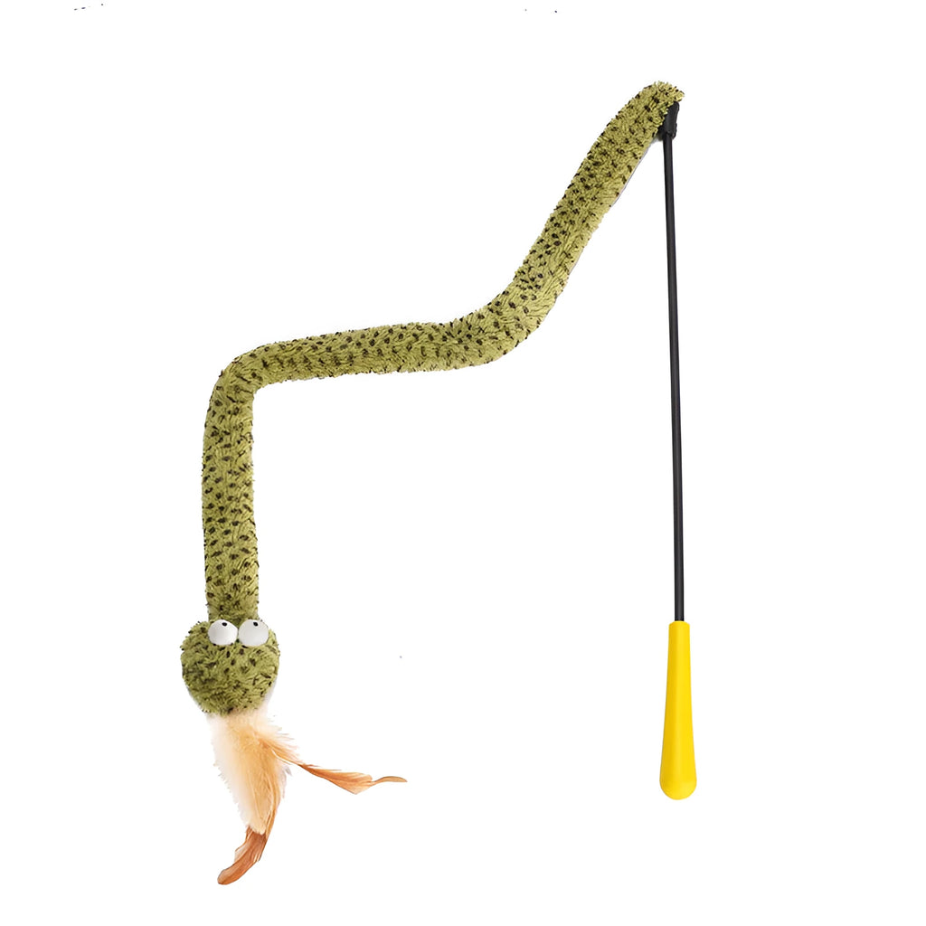 Green snake cat teasing stick with feather attachments extended to full 140cm length