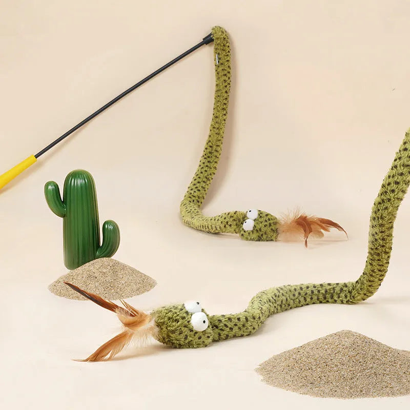 Green snake cat teasing stick with feather attachments extended to full 140cm length