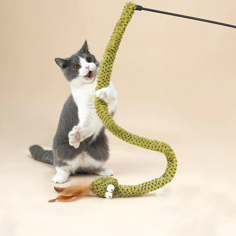 Green snake cat teasing stick with feather attachments extended to full 140cm length