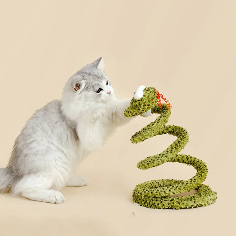 Green snake cat teasing stick with feather attachments extended to full 140cm length