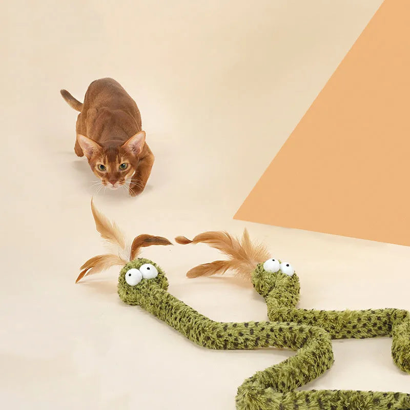 Green snake cat teasing stick with feather attachments extended to full 140cm length