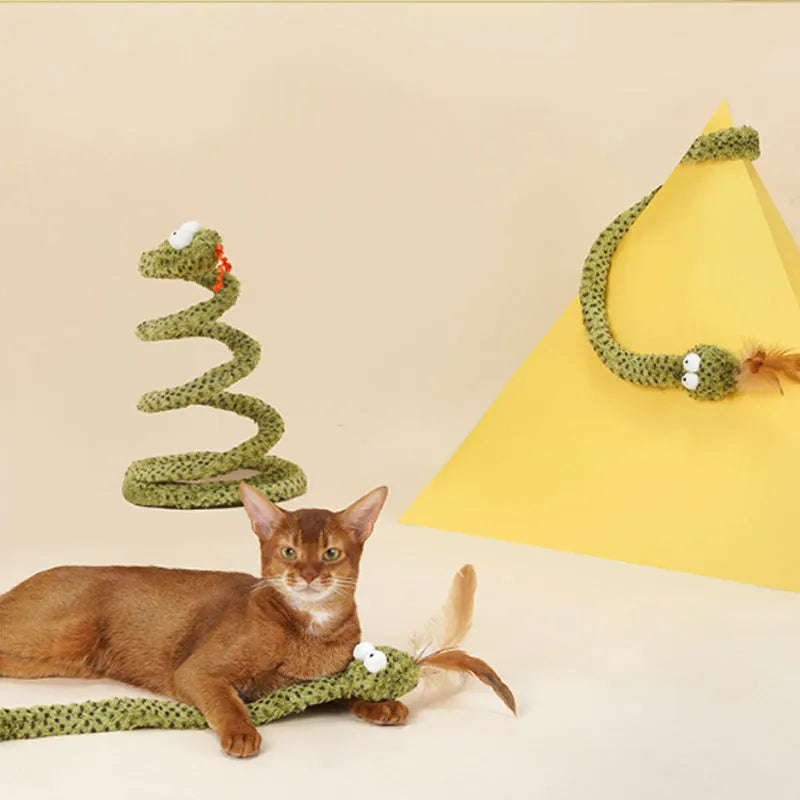 Green snake cat teasing stick with feather attachments extended to full 140cm length