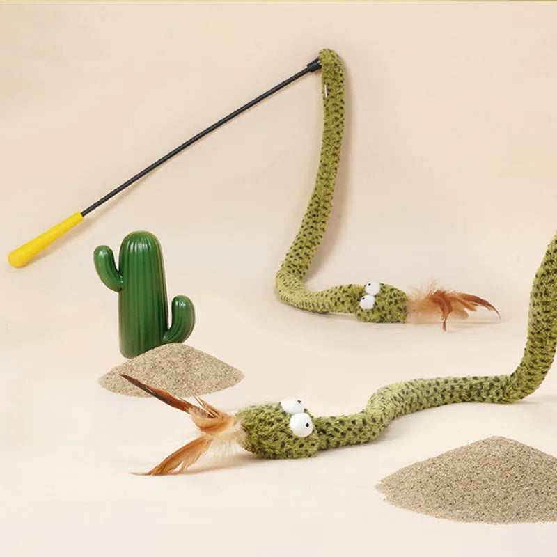 Green snake cat teasing stick with feather attachments extended to full 140cm length