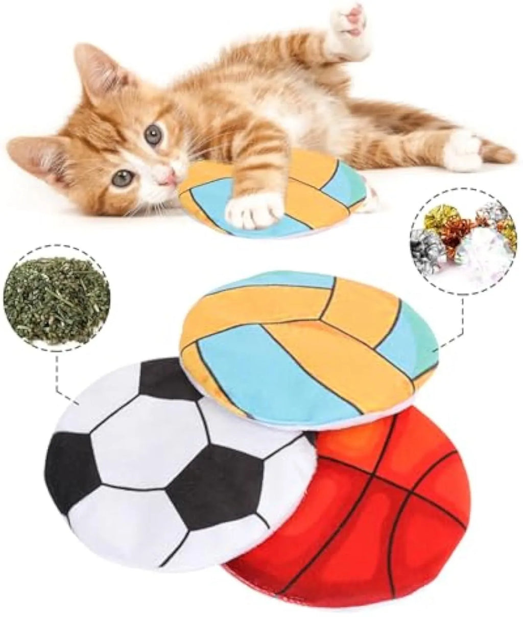 Catnip flying disc toy with sports pattern measuring 5x5x2cm containing crinkle sounds