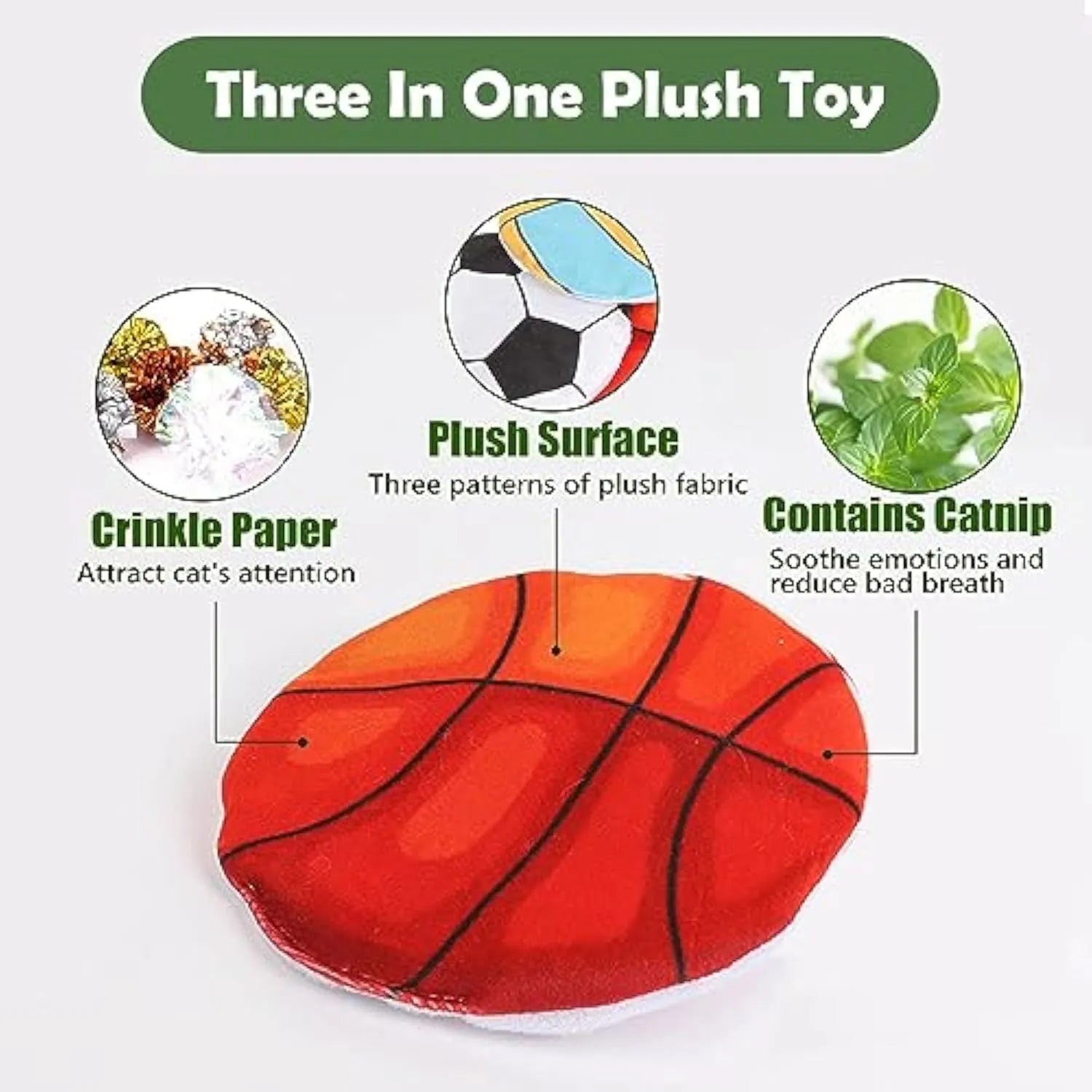 Catnip flying disc toy with sports pattern measuring 5x5x2cm containing crinkle sounds