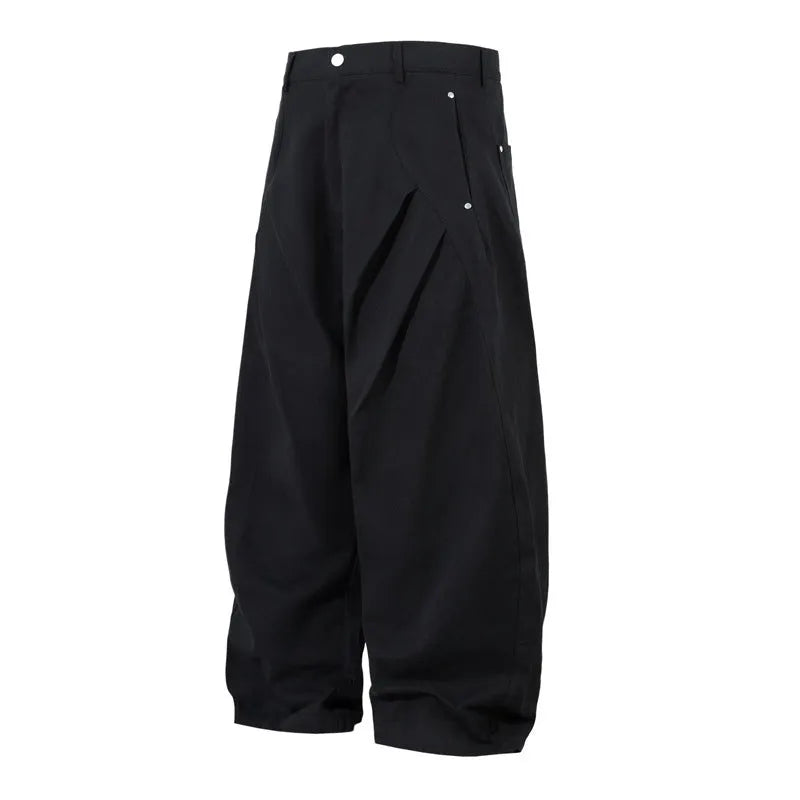 Men's black pleated casual trousers with machete pleats and loose wide-leg fit