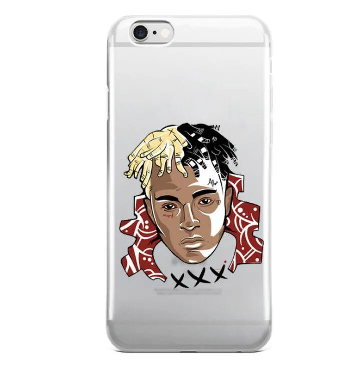 Transparent matte iPhone case featuring an Xxxtentacion graphic design, showing half-wrapped sides.
