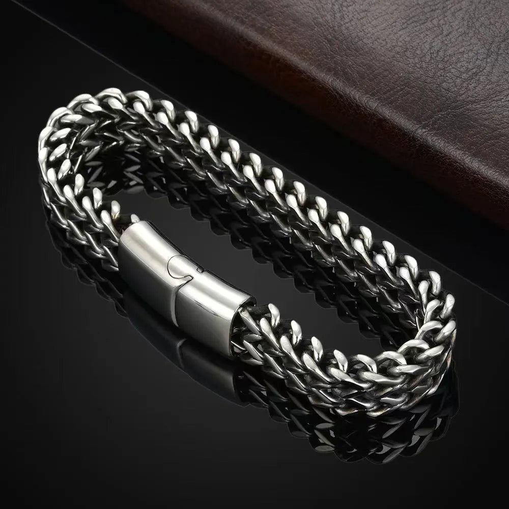 Silver geometric men's stainless steel bracelet shown in 4x8mm and 5x10mm link styles.
