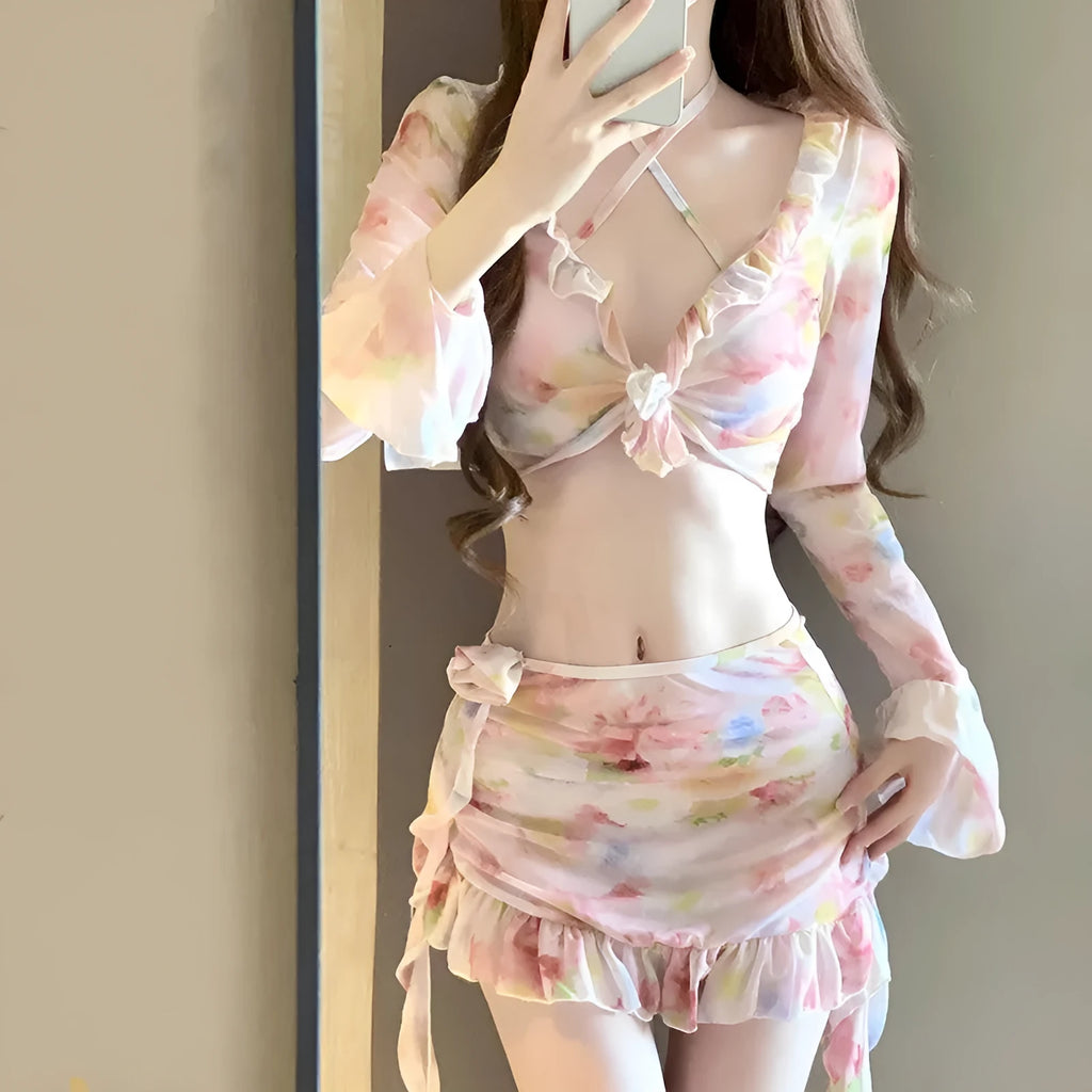 Women's floral bikini swimsuit in cherry blossom pink with polyester fabric