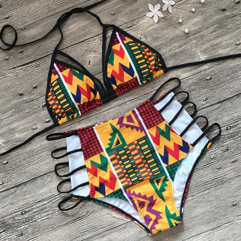 Women's black and white digitally printed split bikini with high-waist shorts and backless design