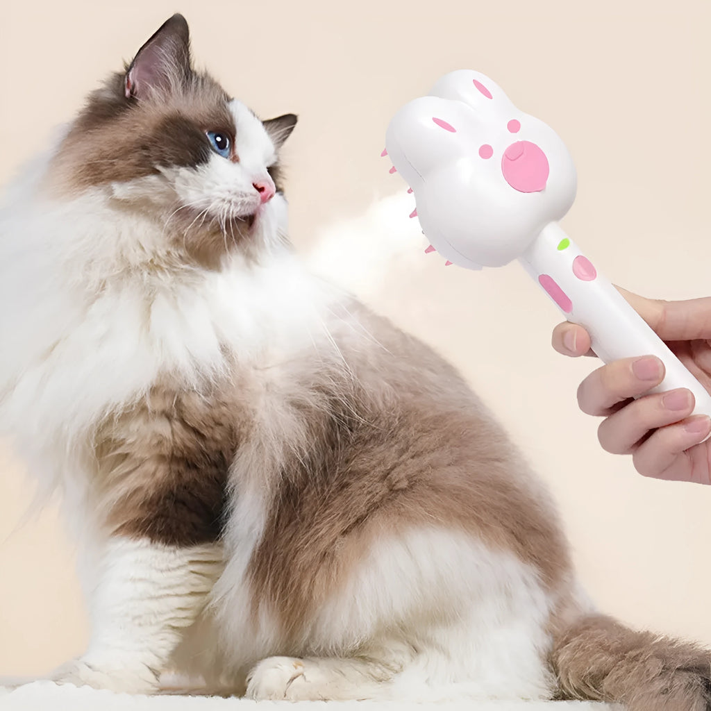 Rechargeable cat steam brush with long handle in cartoon design, available in green, pink and white colours