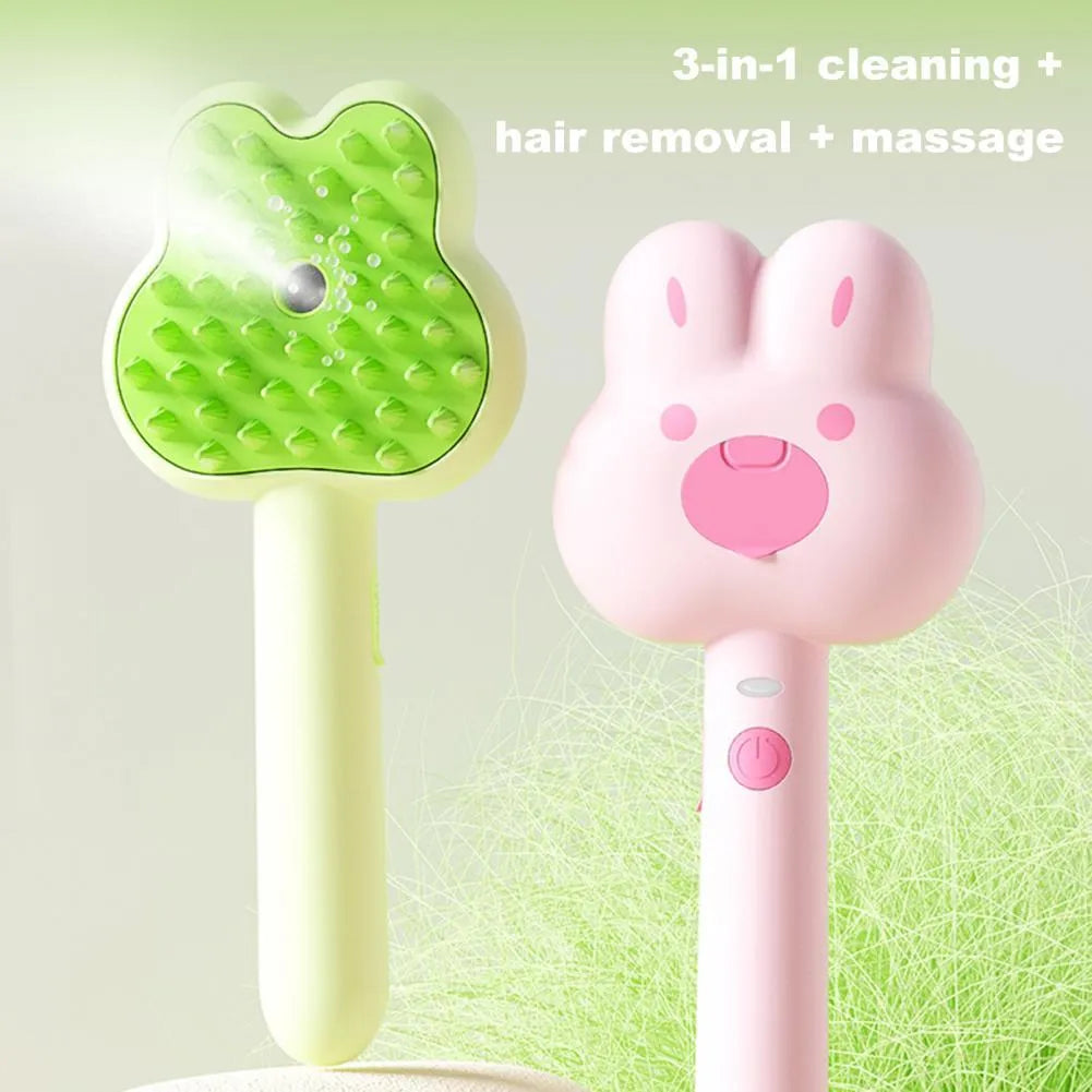 Rechargeable cat steam brush with long handle in cartoon design, available in green, pink and white colours