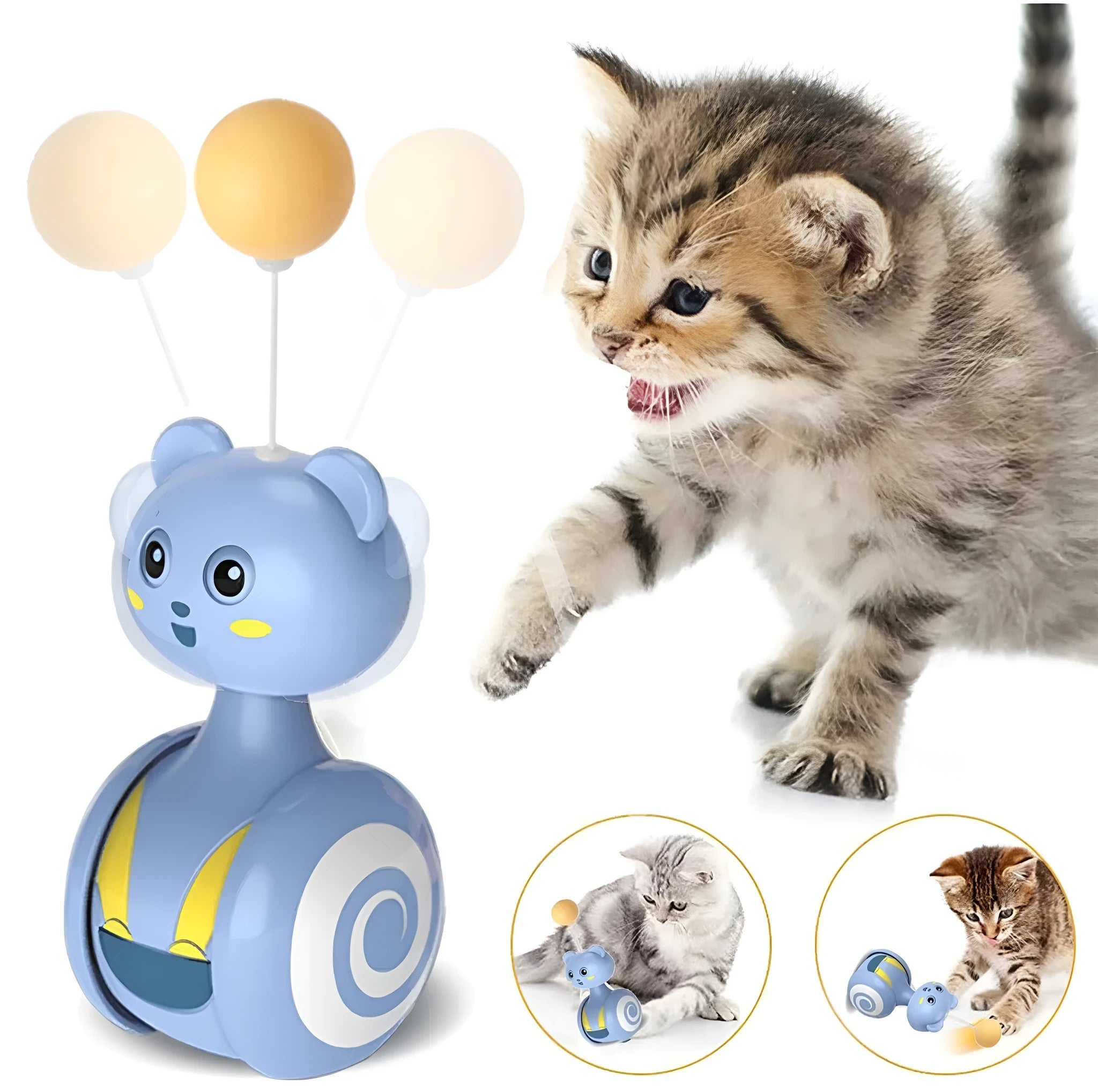 Rotating cat toy with feather wand attachment in pink colour showing tumbler mechanism