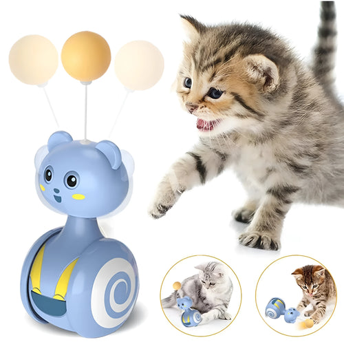 Rotating cat toy with feather wand attachment in pink colour showing tumbler mechanism