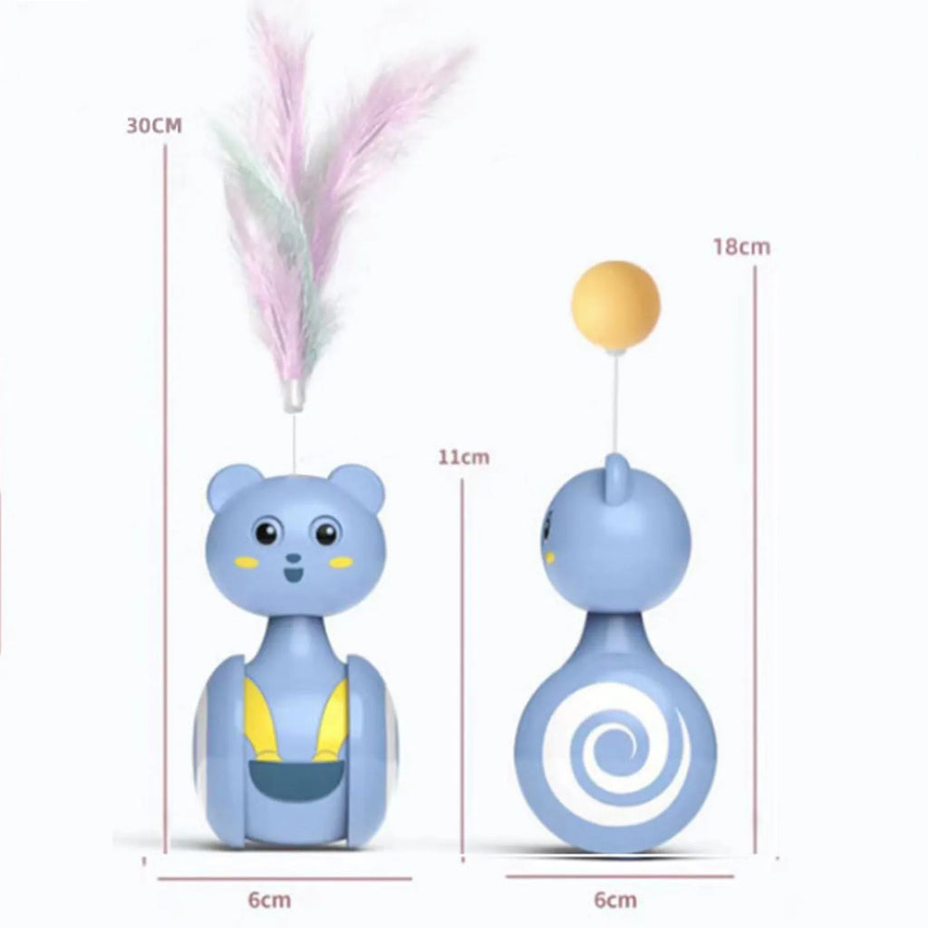 Rotating cat toy with feather wand attachment in pink colour showing tumbler mechanism
